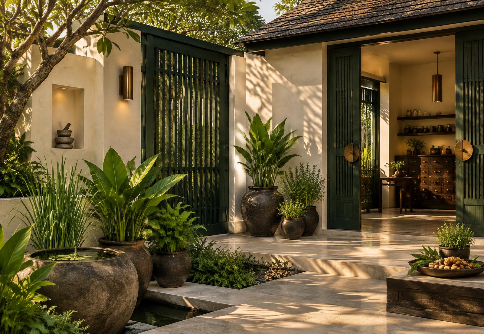 Ivory courtyard with forest-green timber screens and potted Thai herbs